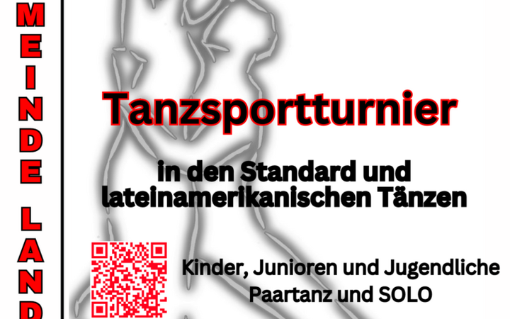 Ein Plakat für ein Tanzsportturnier der Turngemeinde Landshut am 24.05.2025 zeigt Tänzer-Silhouetten und einen QR-Code.