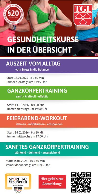 Die Anzeige zeigt Gesundheitskurse der Turngemeinde Landshut mit Details zu Auszeit, Ganzkörpertraining und Feierabend-Workout.