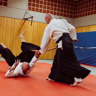Zwei Männer trainieren Aikido auf einer roten Matte im Sportverein Turngemeinde Landshut.