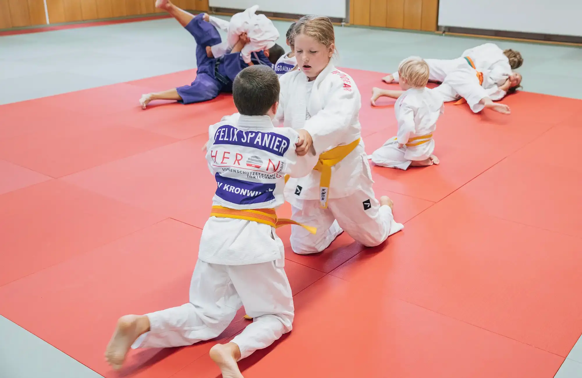 Kinder trainieren Judo auf einer roten Matte, während sie Techniken im Sportverein Turngemeinde Landshut üben.