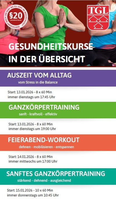 Der Turngemeinde Landshut bietet Gesundheitkurse wie Auszeit vom Alltag und Ganzkörpertraining an, ideal für Vereinsmitglieder.
