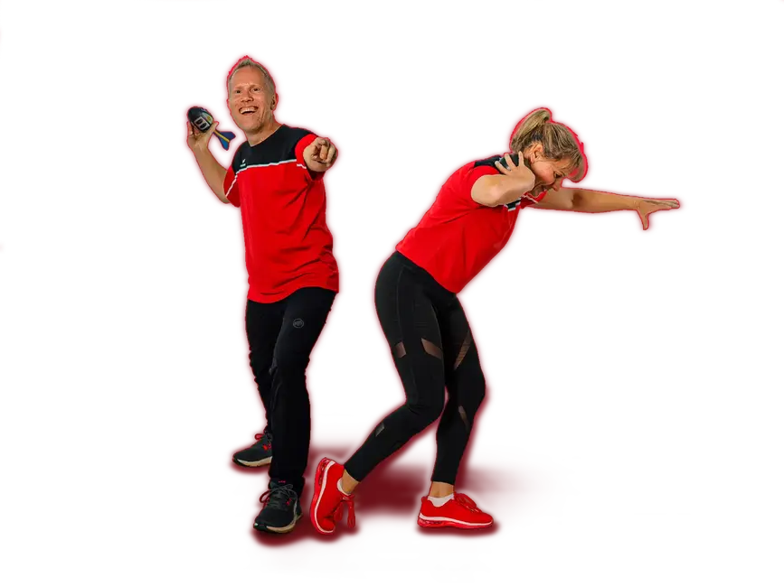 Zwei Personen in roter Sportkleidung üben Leichtathletik für die Turngemeinde Landshut.