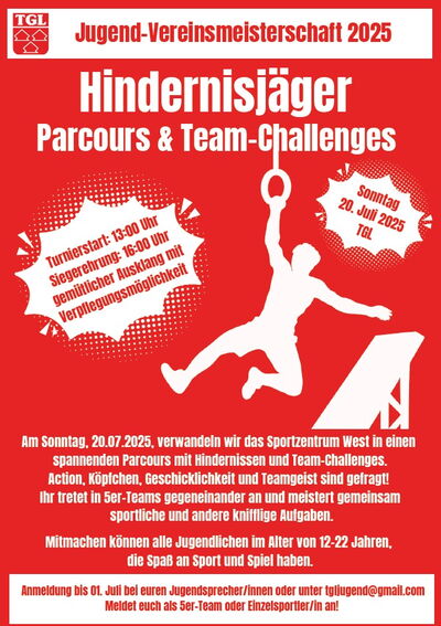 Ein Plakat bewirbt die Jugend-Vereinsmeisterschaft 2025 der Turngemeinde Landshut mit Parcours und Team-Challenges.