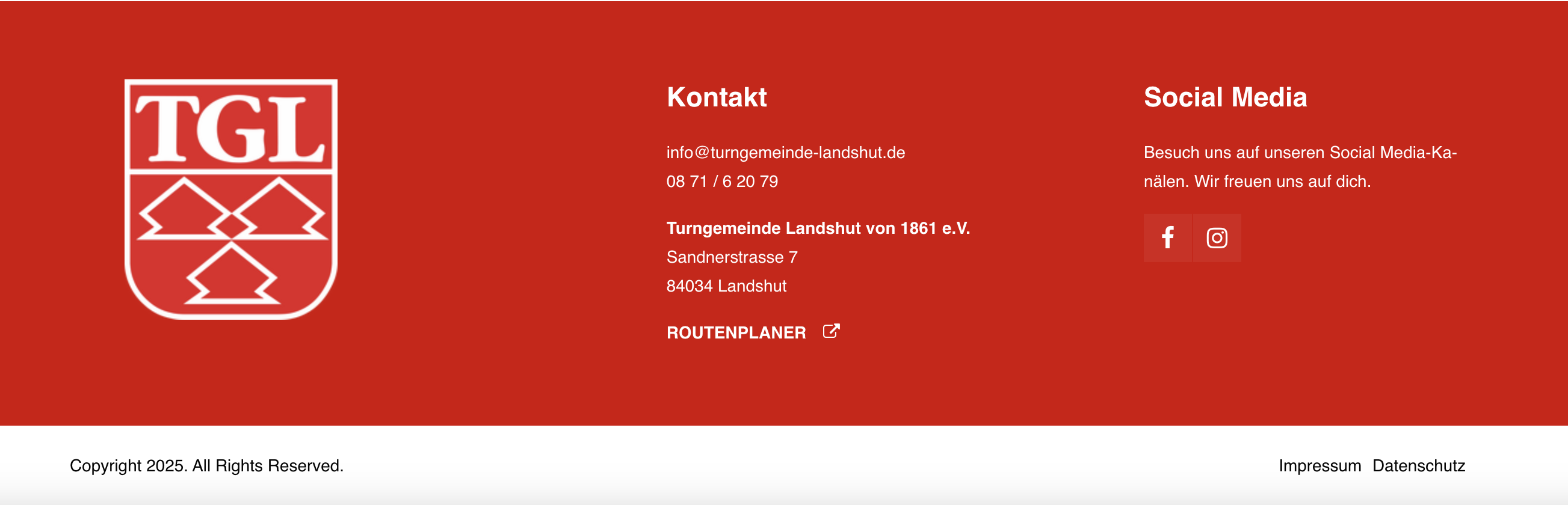 Kontaktinformationen der Turngemeinde Landshut mit TGL-Logo und Social-Media-Links auf rotem Hintergrund.