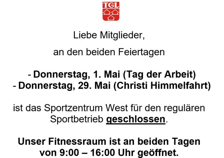 Sportbetrieb an den Mai-Feiertagen 1. Mai und 29. Mai 2025